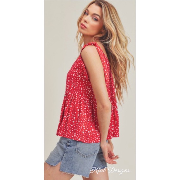 ❤️LAST 1! V Neck Red Peplum Adjustable Shoulder Tie Polka Dot Top! - Picture 5 of 6
